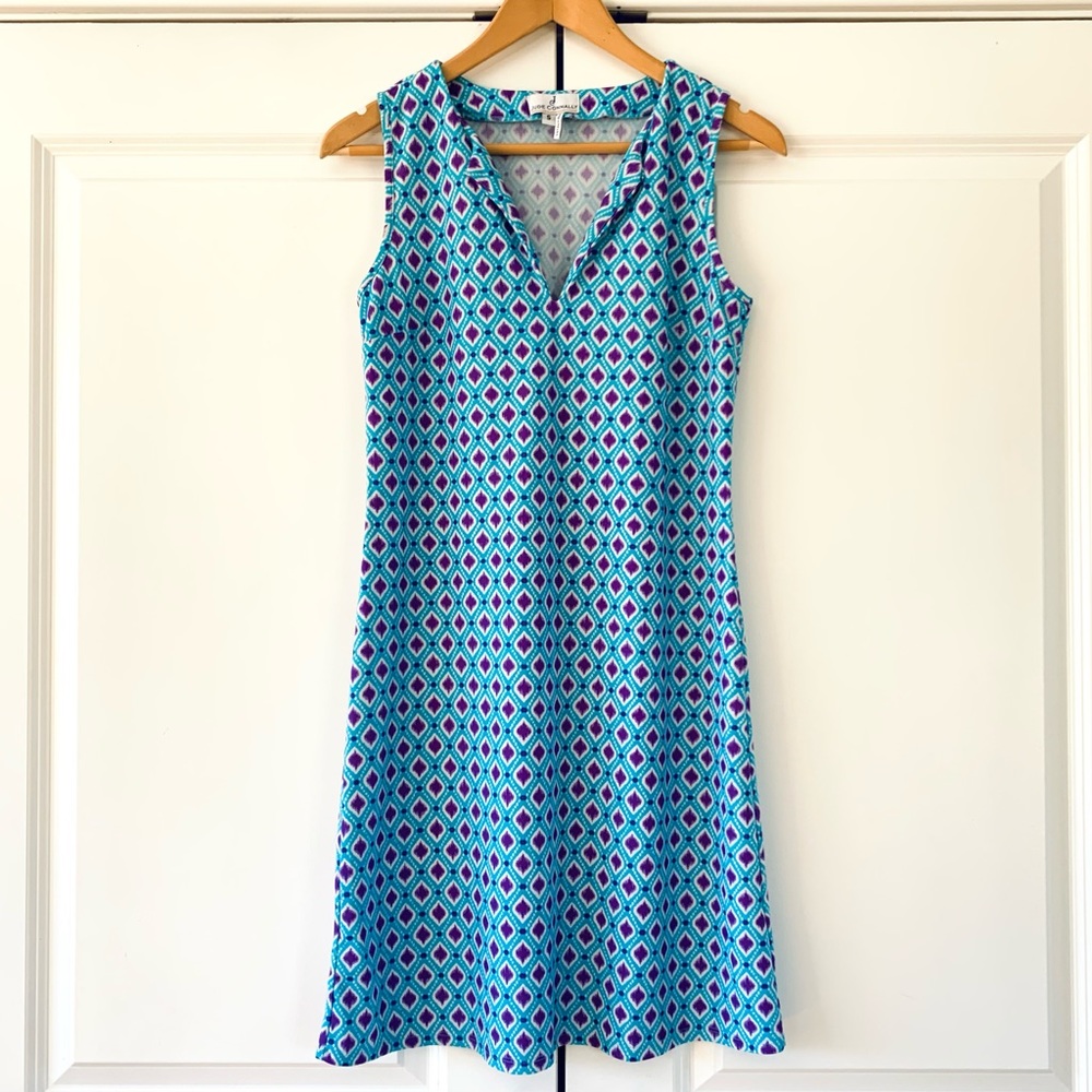 Jude Connally Dress Split Neck Shift Sleeveless Blue Print Jersey Travel Size S